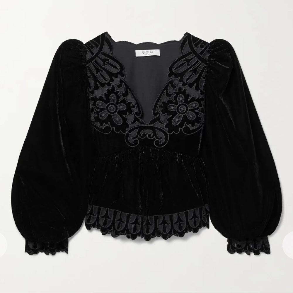 NWT SEA Dana tulle-trimmed embroidered velvet long sleeve blouse top black S - Picture 3 of 7